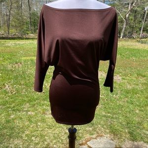VENUS TOP TUNIC BROWN STRETCH BOAT NECK OFF SHOULDER DOLMAN 3/4 SLEEVE SIZE S